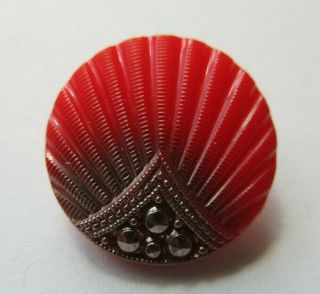 Stunning Antique Vtg Modern Red Glass Button Seashell W/ Silver Luster (a)