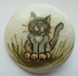 Fabulous X Large Antique Vtg Studio Porcelain Picture Button Kitty Cat (m)