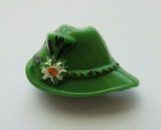 Fantastic Antique Vtg Realistic Painted Glass Button Green Hat W/ Flower (m)