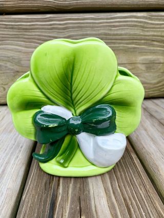 St Patrick Vintage 4 Leaf Clover Ceramic Irish Napkin Holder Planter 6”