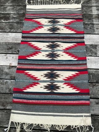 Vtg Hand Woven Wool Table Runner Mexican American Rug 56” X 28”