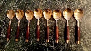 8 Soup Spoons Older Asian Siam Thailand Rose Wood Bronze Brass Rivet Handle