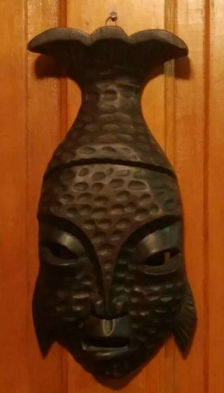 Vintage Hand Carved Wooden Tribal Face Mask/fish And Hollowed Eyes