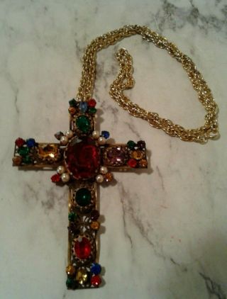 Vintage Multi Color Glass Cabochon Jewel Maltese Cross Filagree Metal Necklace