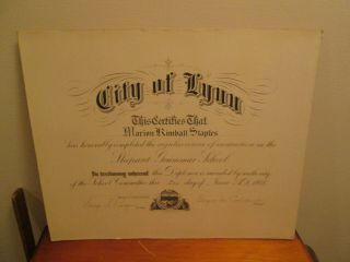 1908 City Of Lynn Massachusetts High School Diploma American Bank Note Co Boston