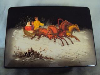 Vintage Hand Painted And Signed Lacquer Russian Box Troika Sleigh Ride