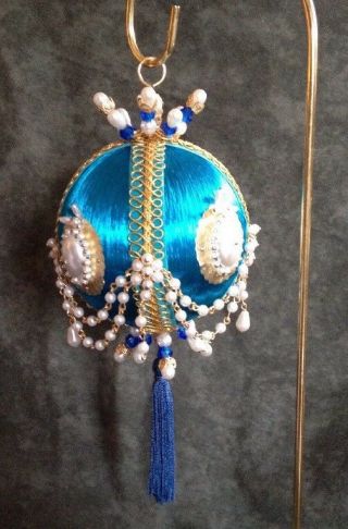 Vtg Pearl Midcentury Christmas Push Pin Beaded Turquoise Satin Ornament Handmade