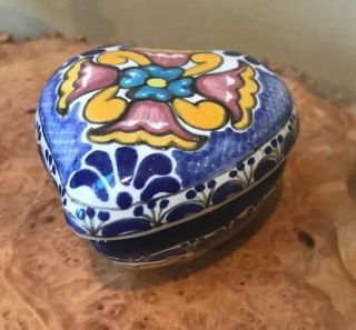 Talavera Mexican Folk Art Pottery Puebla Heart Shaped Trinket Box Mexico