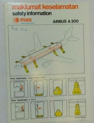 Airline Safety Card Vintage Airbus A300 Malaysia Airlines Collectible
