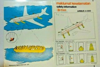 Airline SAFETY CARD VINTAGE AIRBUS A300 MALAYSIA Airlines Collectible 2