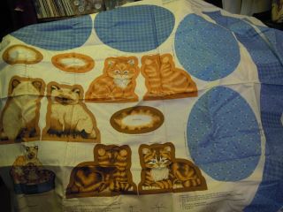 Vintage Vip Cranston Fabric Panel 3 Kittens In A Blue Basket Ready To Sew