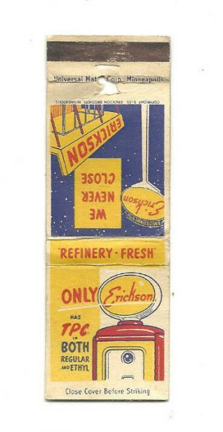 1940s 50s Erickson Gas Oil Auto Car Service Stations Matchbook Cover Matchcover