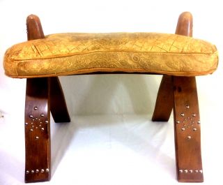 Vintage Egyptian Camel Saddle Embossed Leather Wood Nailhead