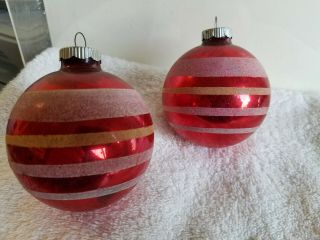 2 Vintage Shiny Brite Mercury Glass Striped Mica Christmas Ornaments 2 3/4 "