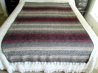 Authentic Mexican Falsa Blanket 46 X 72”,  Fringe Shades Of Brown Wine Red Blue