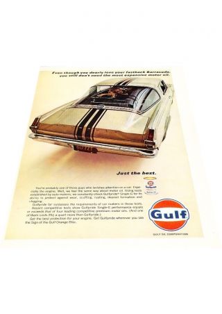 1966 Plymouth Barracuda Gulf Motor Oil Vintage Advertisement Print Car Ad J429