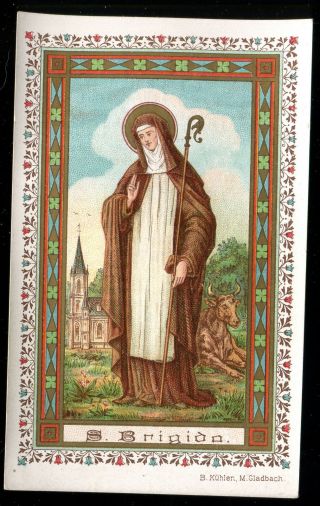 Antique Holy Card Goldprint Of St Brigida With Cow