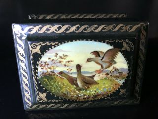 Hand Painted Russian Lacquer Small Ring Trinket Box Ducks In Flight