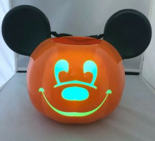Disney Parks Mickey Mouse Light Up Pumpkin Trick Or Treat Halloween Bucket.