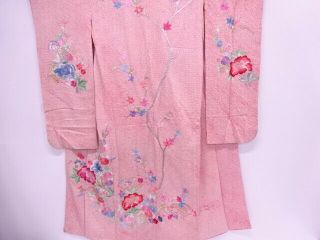 84186 Japanese Kimono / Antique Furisode / All Shibori / Embroidery / Flower