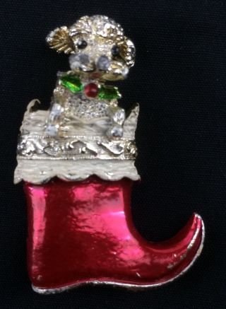 Vintage Gerry Christmas Lapel Pin Poodle In Red Stocking