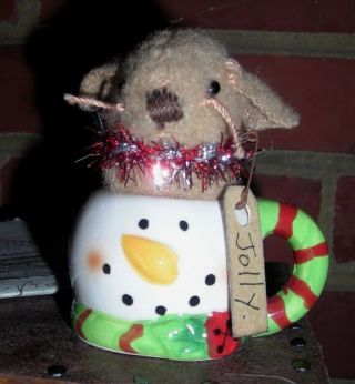 Fabric Mouse In A Tiny Snowman Mug By Prim Penny