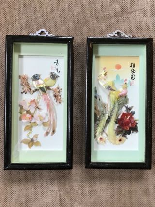 Pair Carved Shell/mother Of Pearl Chinese Art Shadowbox Exotic Birds