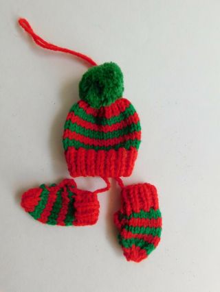 Hand Crafted Red Green Knit Hat & Mitten 