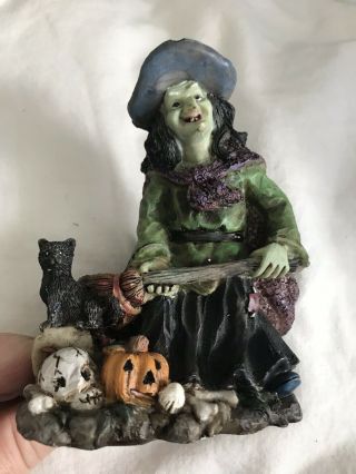 Witty & Wicked Witch Figurine Collectible Halloween Decor W/ Black Cat Broom