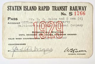1929 Staten Island Rapid Transit Railway Annual Pass W C Coles J S Fabregas