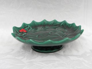 Vintage Holland Mold Green Christmas Holly Berry Footed Cookie Serving Plate