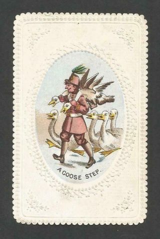 B42 - Man With Geese - A Goose Step - Printed Oval On Embossed Victorian Card