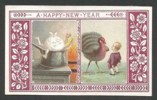B28 - Anthropomorphic Pudding - Boy & Turkey - Goodall - Victorian Year Card