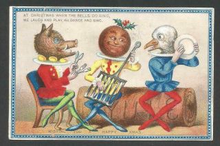 B27 - Anthropomorphic Musical Pig,  Plum Pudding And Goose - Victorian Xmas Card