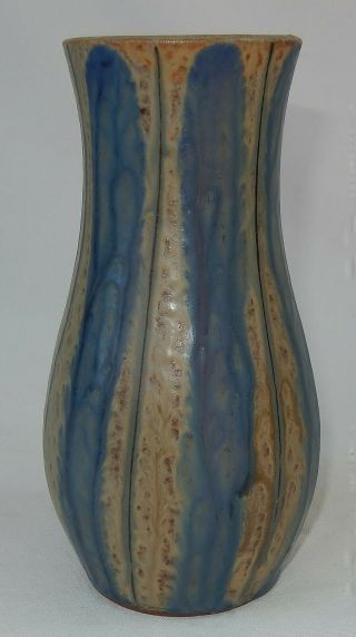 Vtg.  Asian Hand Crafted Studio Art Pottery Stripped Vase,  Signed