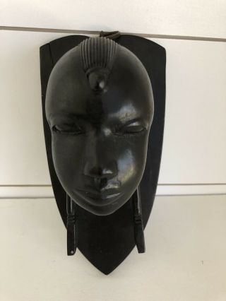 Vintage Ebony Wood Sculpture African Head Hand Carved Tribal Statue Wall Mount