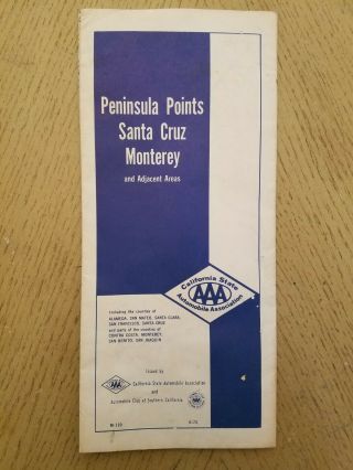 Vintage 1972 Aaa Csaa Peninsula Points Santa Cruz Monterey California Street Map