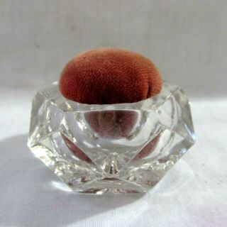 Vintage Clear Glass Faceted Pin Cushion With Maroon Velvet Fabric Top