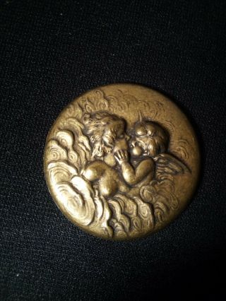 Vintage Antique Figural Brass Button Front No Back Winged Cherub And Nude Woman