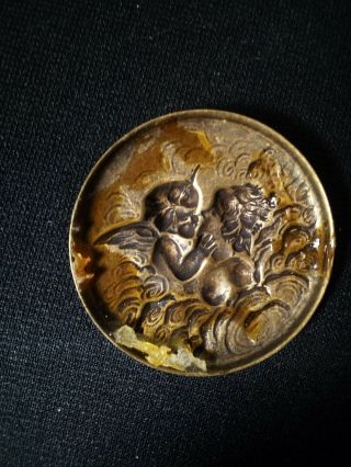Vintage Antique Figural Brass Button Front No Back Winged Cherub and Nude Woman 2