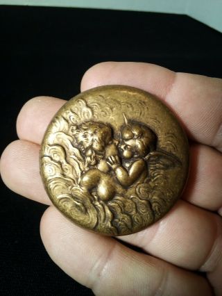 Vintage Antique Figural Brass Button Front No Back Winged Cherub and Nude Woman 3