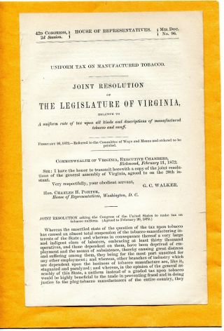 1872 U S House Of Rep Joint Resolution Leg Of Virginia Richmond Tax On Tobacco