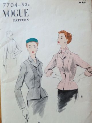 Vogue 7704 Vintage 1952 Jacket Sewing Pattern Size 20 Bust 38 50s 1950s Fac Fold