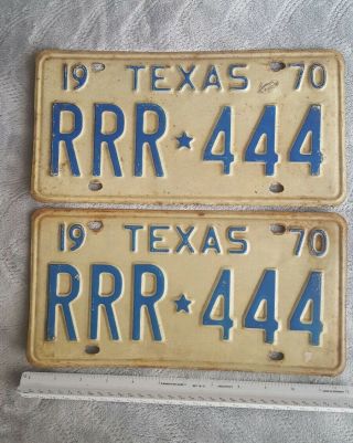 Vintage 1970 Texas Tx.  License Plate Set " Rrr 444 "