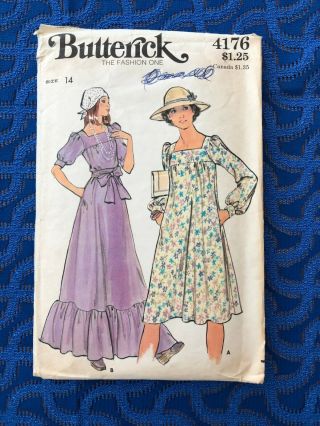 1970s Butterick Sewing Pattern 4176 Misses Boho Yoke Front Dress Ruffle Hem 14