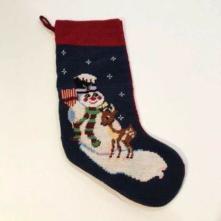 Adorable Vintage Red & Blue Christmas Stocking Needlepoint Snowman Woodland Deer