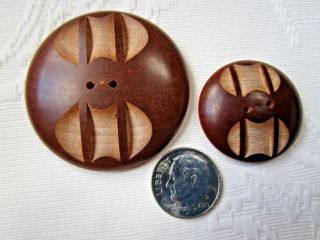 5825 – Two Mother - Daughter Art Deco Hand Carved Wood Buttons,  1 - 11/16” & 1 - 1/16”