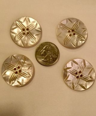 4 Vintage Hand Carved Mother Of Pearl 1 1/4” Buttons W 4 Holes