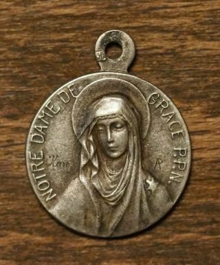 Antique Religious Silvered Medal Pendant Our Holy Lady Of Grace