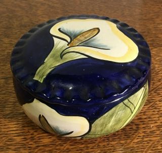 Mexican Talavera Hand Painted Pottery Trinket Box With Cala Lily